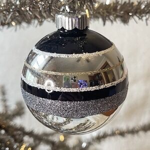 Radko Shiny Brite Glitter Striped Ornament Ball Black Gold White Halloween Mcm‎